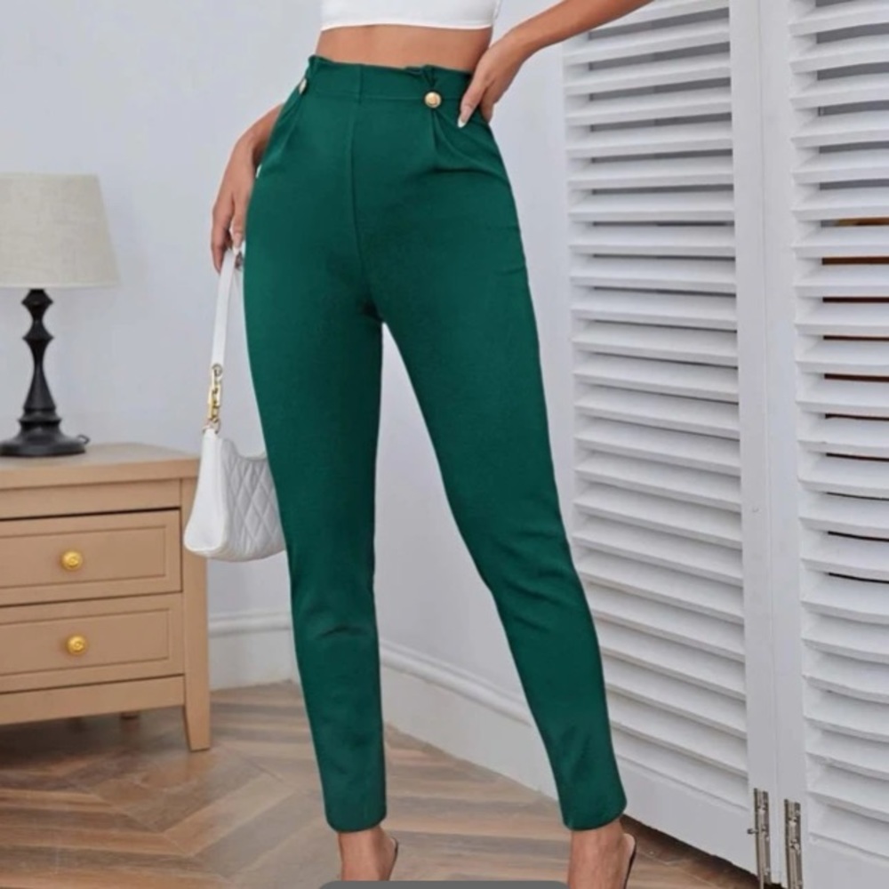 Dark Green High Waisted Button Pants in L